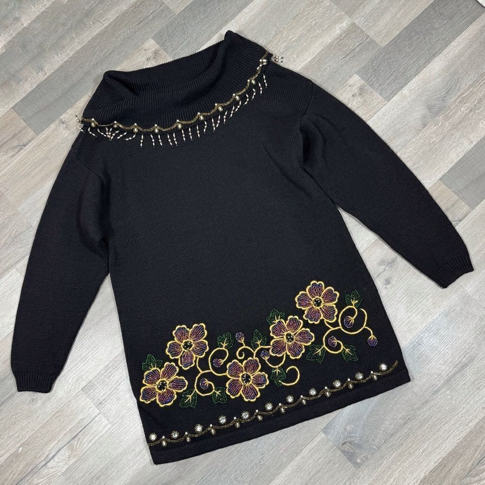 Vintage Victoria Jones 90s Floral Beaded Cowl Neck Tunic Sweater Black Medium - Picture 11 of 11